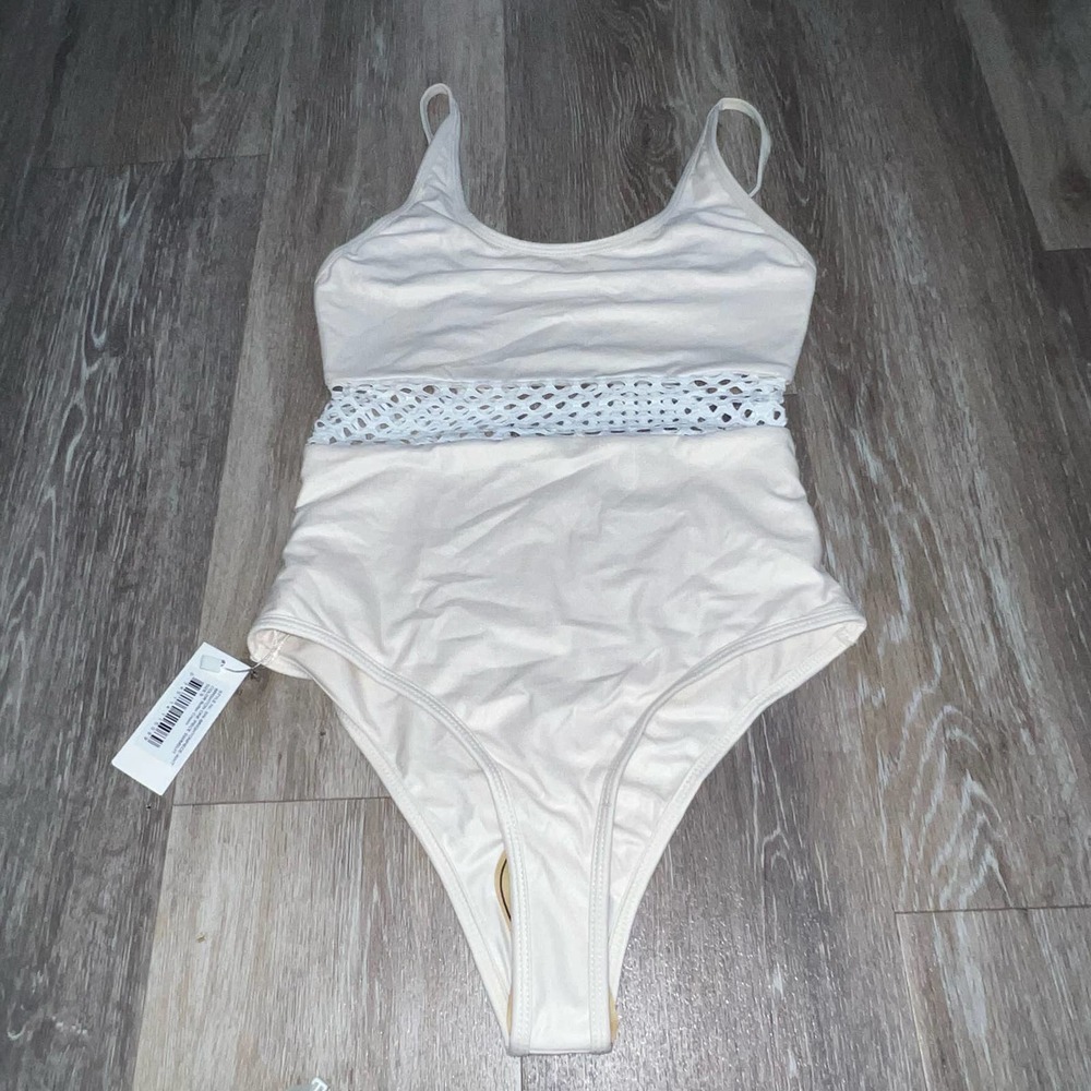 Cream Crochet-Band One-Piece Swimsuit